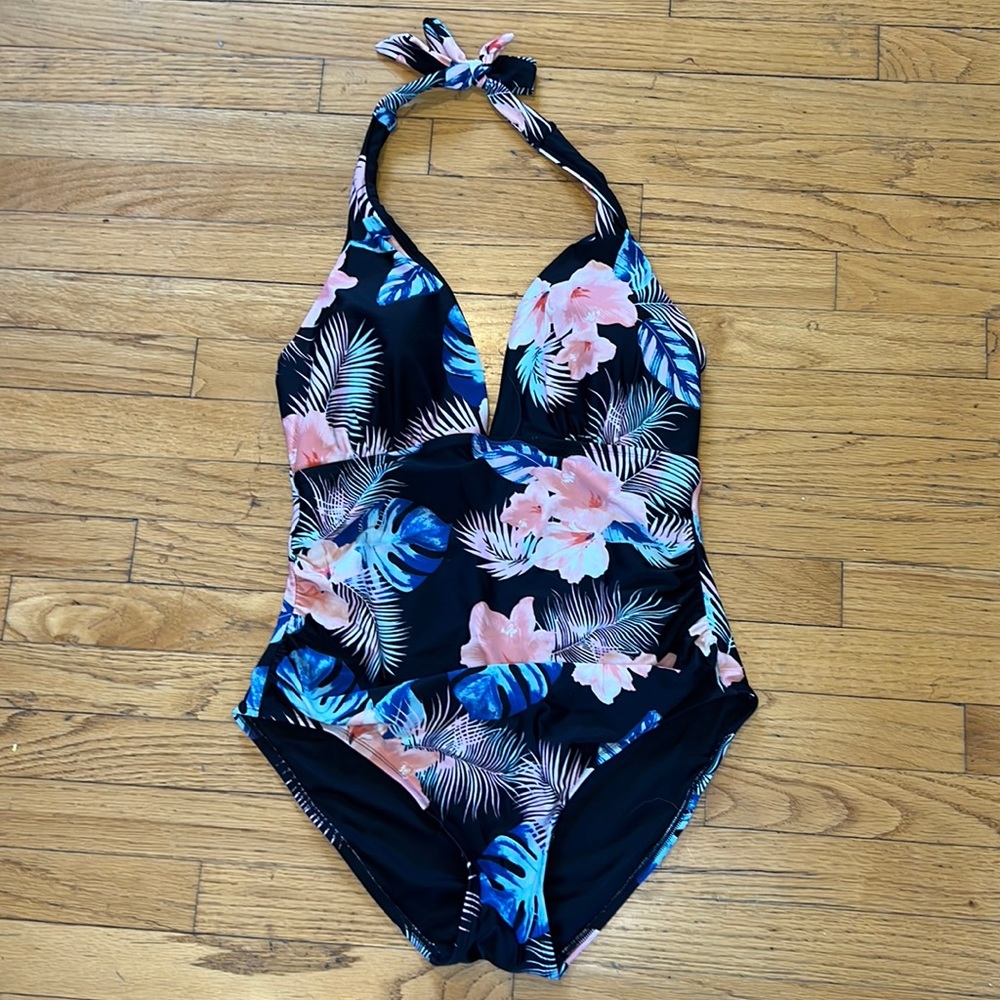 DKNY Black Floral Halter One-Piece Swimsuit